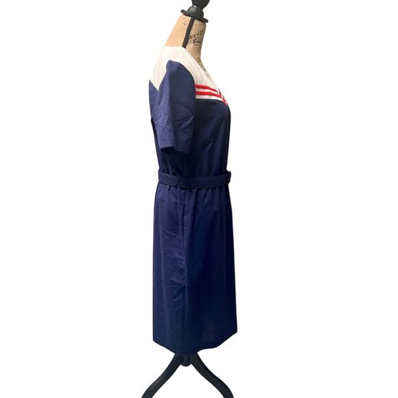 Vintage Periwinkle Nautical Navy Dress-Sz 16-Belted-USA Made-80s Midi-Patriotic - Picture 4 of 10
